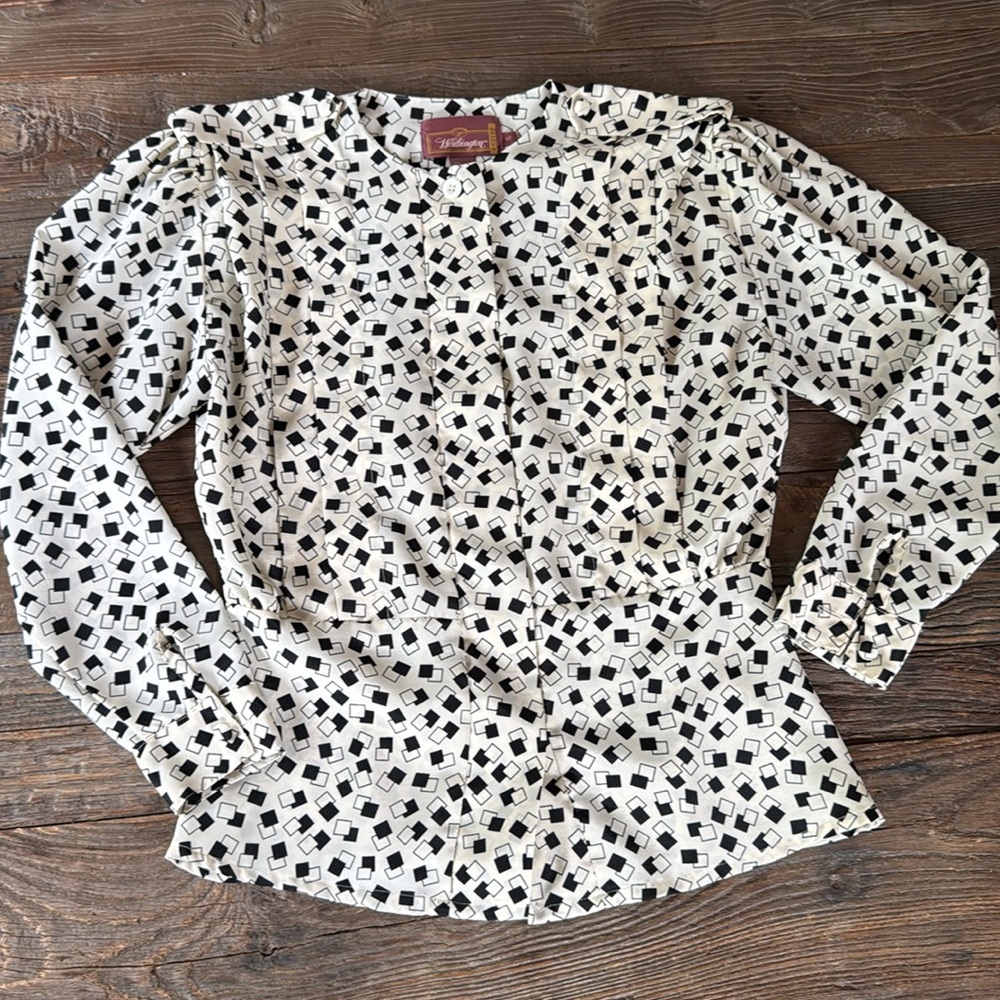 Vintage Worthington peplum button-down top ivory/black geometric EUC SMALL - Picture 6 of 12